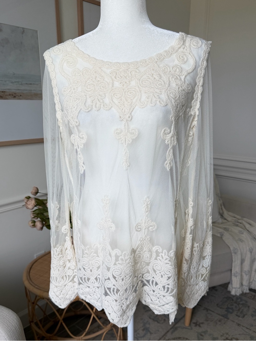 Rock & Roll Cowgirl Romantic Ivory Embroidered Lace Tunic Western Boho Top S